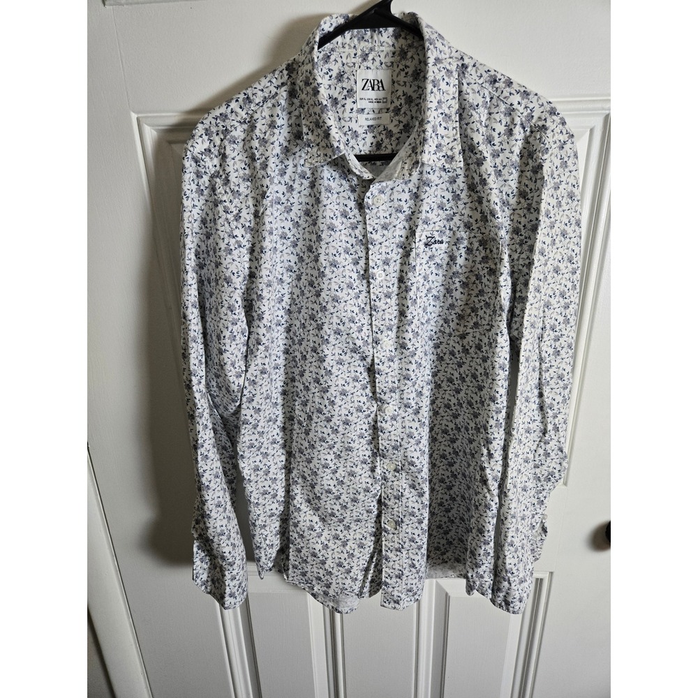 Zara Relaxed Fit‎ Floral Button Up Shirt XL White Blue Long Sleeve Cotton